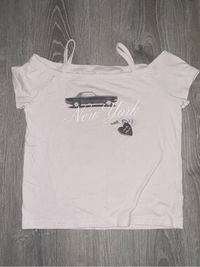 Abercrombie kids Light Pink Off-Shoulder Crop Top with New York Graphic